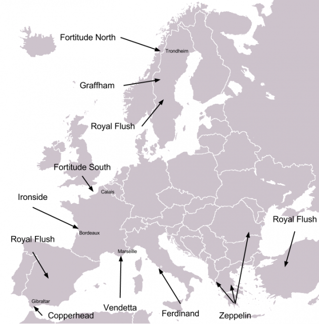 A map of the subordinate plans of Operation Bodyguard, the 1944 deception in support of the Allied invasion of Normandy (D-Day). Photo: ErrantX / CC BY-SA 3.0