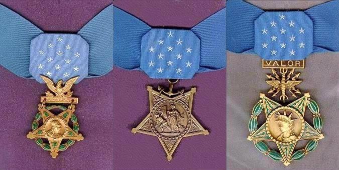 The Medals of Honor awarded by each of the three branches of the U.S. military, and are, from left to right, the Army, Coast Guard/Navy/Marine Corps and Air Force.