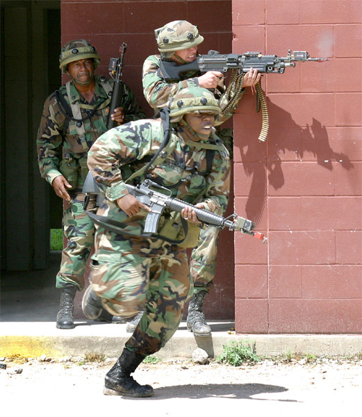 MILES simulation (note the laser emitters attached to the rifles’ barrels, and the laser receptors on the soldiers’ helmets and harnesses).