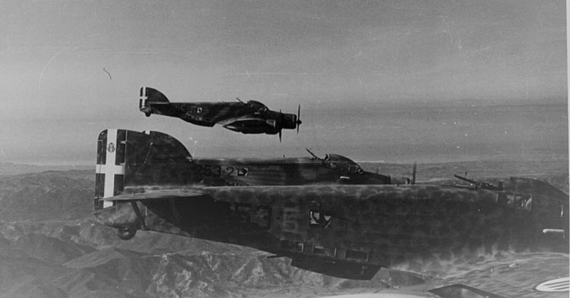 Italian Siai-Marchetti SM-79 bombers flying over Greek territory in the Autumn of 1940