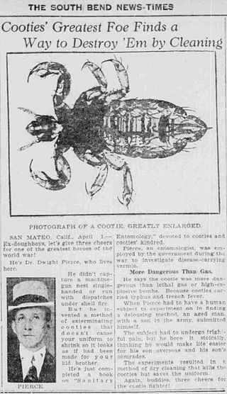 News photo of a World War I-era trench cootie. South Bend News-Times, April 7, 1922