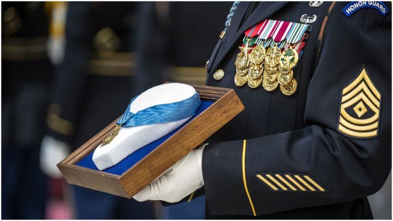 The Medals of Honor awarded by each of the three branches of the U.S. military, and are, from left to right, the Army, Coast Guard/Navy/Marine Corps and Air Force.