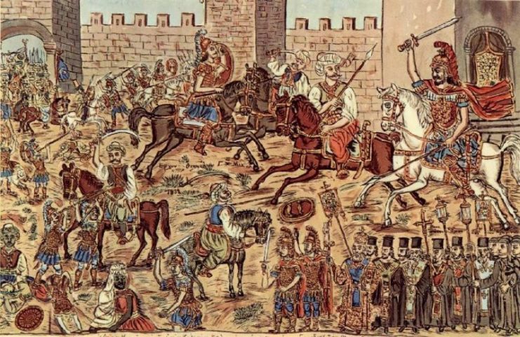 Painting by the Greek folk painter Theophilos Hatzimihail showing the battle inside the city, Constantine is visible on a white horse