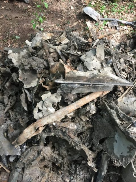 Some of the wreckage of the Pe-2. The largest parts were no bigger than 1 meter long. The force of the crash could be clearly seen by the remains of the aircraft. The wreckage had a stench of burning fuel.