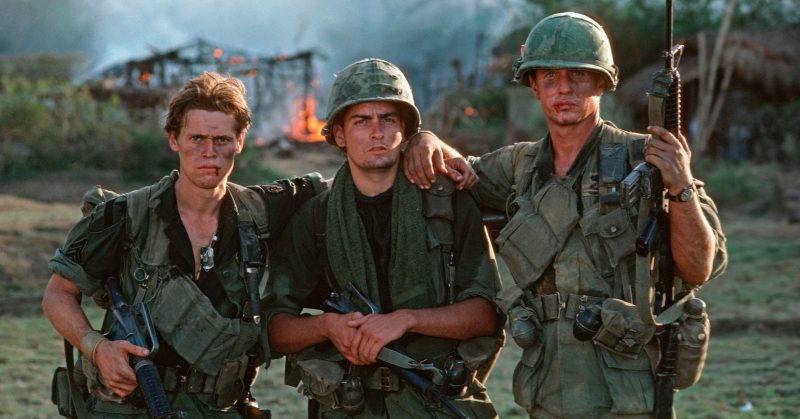 During the filming of Oliver Stone's Platoon at a location near Manila, actors Willhem Dafoe, Charlie Sheen and Tom Berenger. (Photo by Roland Neveu/LightRocket via Getty Images)
