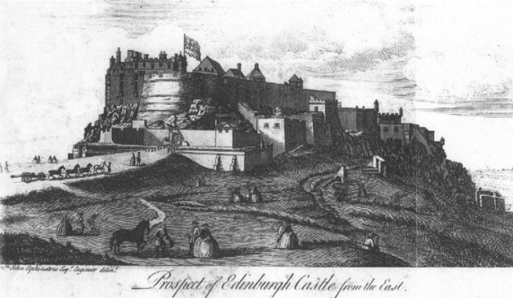 An engraving published in Maitland’s History of Edinburgh, 1753. The approach to the Castle, known as the Esplanade, was begun in 1753 with soil excavated from the site of the new Royal Exchange (modern City Chambers).