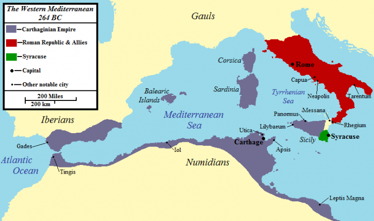 Roman and Carthaginian controlled territory at the beginning of the First Punic War. Photo: Besvo CC BY-SA 3.0.
