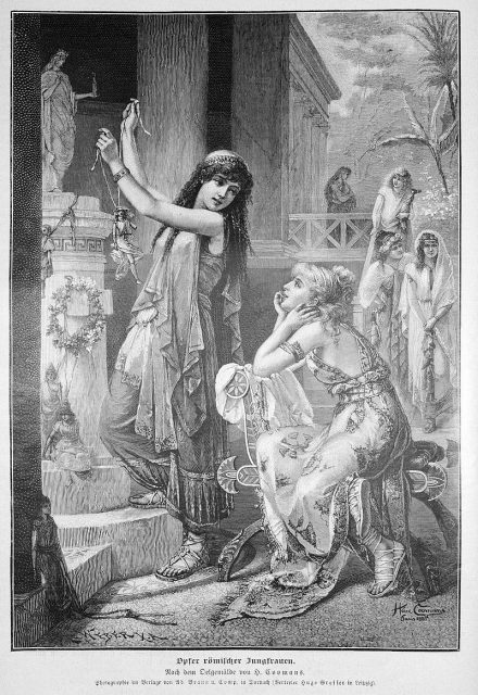 Romanticized depiction from 1887 showing two Roman women offering a sacrifice to a pagan goddess.