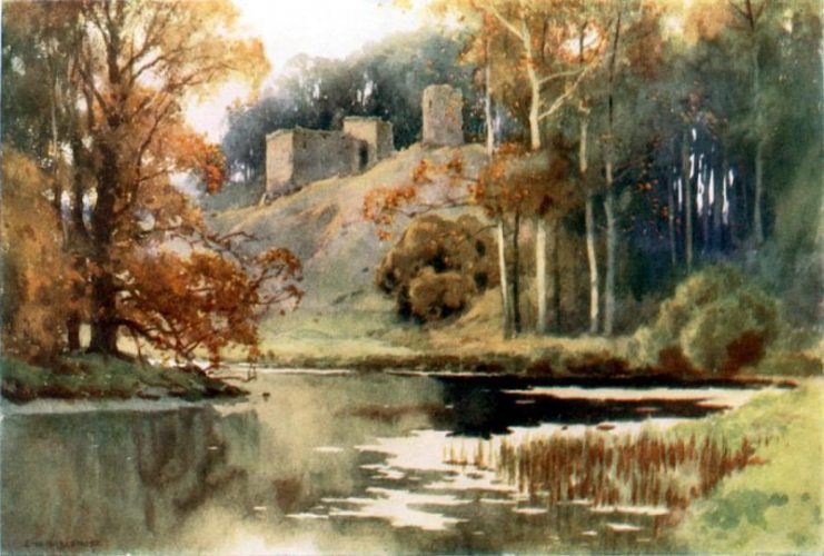“The ruins of the famous castle of Roxburgh, favourite of Scottish kings, seated on its massive grassy mound between the Rivers Tweed and Teviot.” Painter: E. W. Haslehust
