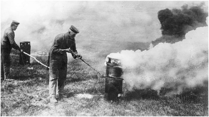 German soldiers ignite chlorine gas canisters during the Second Battle of Ypres in Belgium on April 22, 1915.