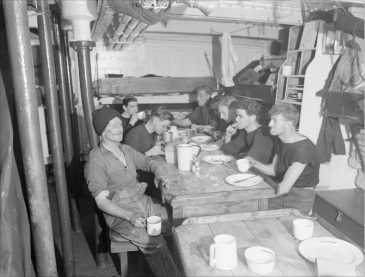 July 1943, on Board Hmt Stella Pegasi When She Was Escorting a Northern Lights Vessel, the Pole Star, on Her Task of Landing Stores and Supplies To Light House Crews Around the Coast. Tea-time in the mess.