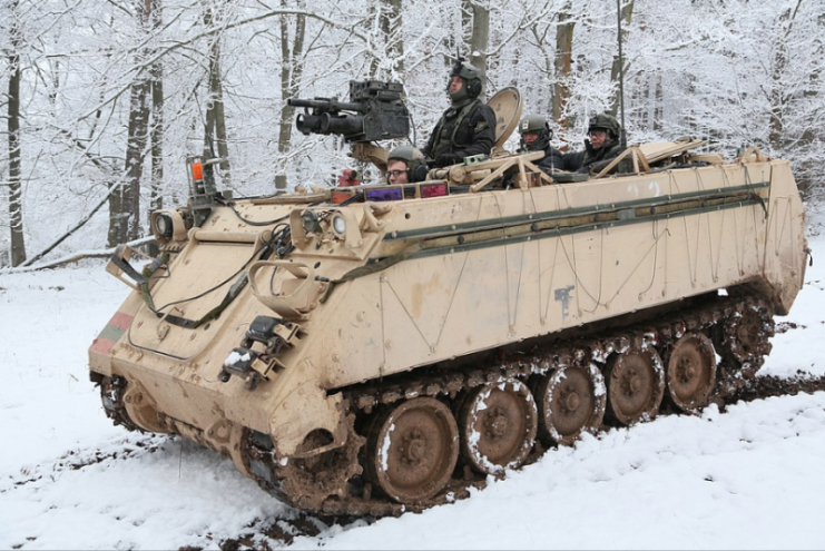 A U.S. Army M113 of 1st Battalion, 4th Infantry Regiment provides overwatch while conducting recon operations during exercise Allied Spirit at the Joint Multinational Readiness Center in Hohenfels, Germany in 2015.