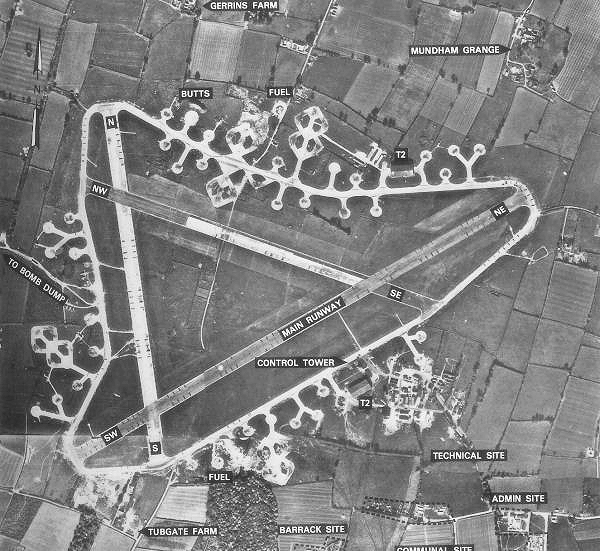 Aerial photograph of Seething Airfield, England.