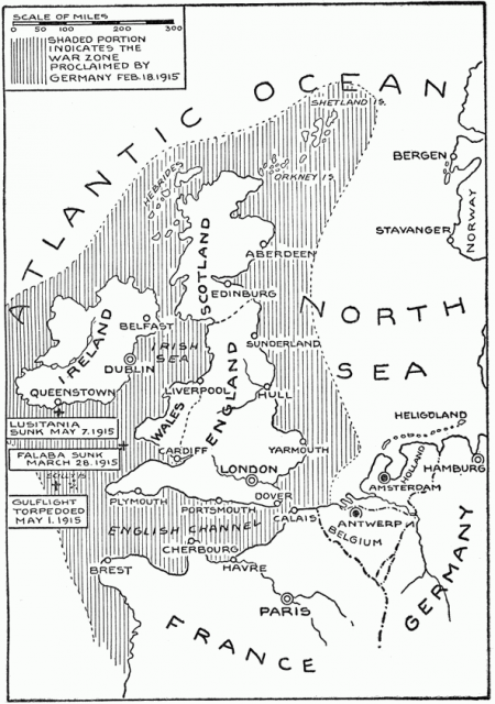 Shaded area shows “War Zone” announced by Germany on 4 Feb 1915