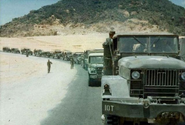 The 1st Logistical Command 379th Transportation Company line up in a convoy to deliver food and ammo to the Soldiers on the front-lines.U.S. Army photo courtesy of the 379th Soldiers. Photo: Brent Thacker)