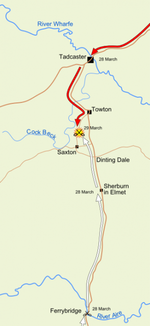 The armies of York (white) and Lancaster (red) move towards Towton.