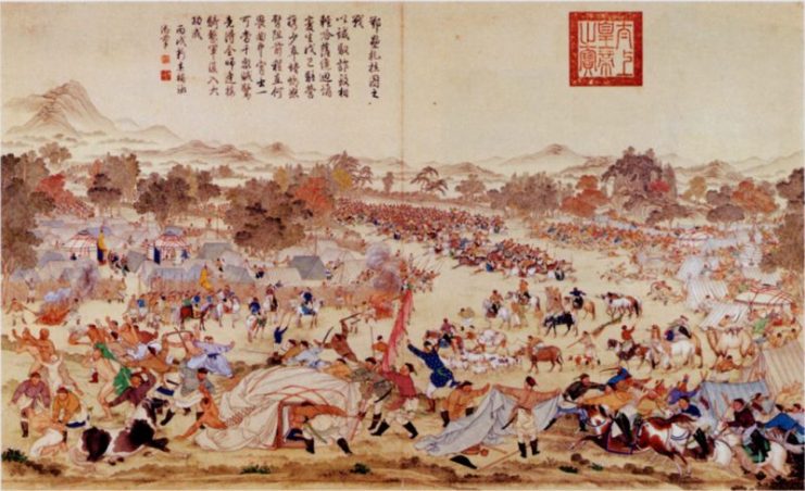 The Battle of Oroi-Jalatu in 1755 between the Qing (that ruled China at the time) and Mongol Dzungar armies. The fall of the Dzungar Khanate