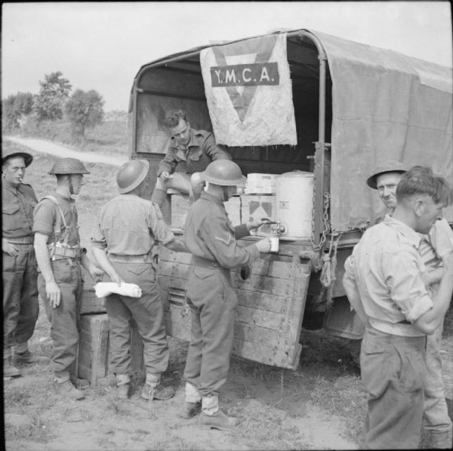 The British Army in Italy, 1944. A YMCA tea car ‘in action’ in the Anzio bridgehead, May 4, 1944.