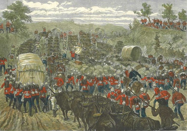 The British army traveling in Zulu territory. The illustration shows the difficulties of the progression considering the logistic means and the nature of the terrain.