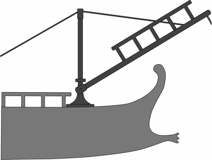 The corvus, the Roman’s ship boarding device. Photo: Chewie CC BY-SA 2.5.