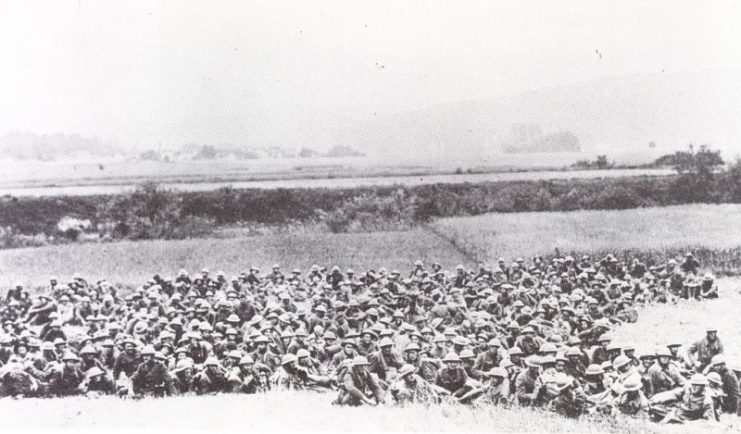 The fighting ended, exhausted and seriously depleted ranks of the 6th Marines gather outside Belleau Wood before moving on.