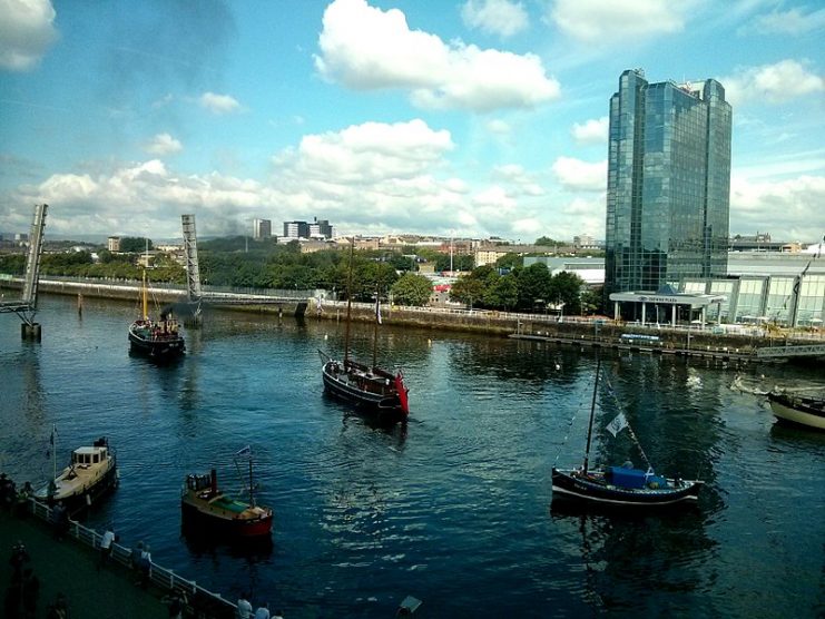 The final few boats departing Pacific Quay in Glasgow after the Glasgow 2014 flotilla.Photo: Ali Craigmile CC BY-SA 2.0