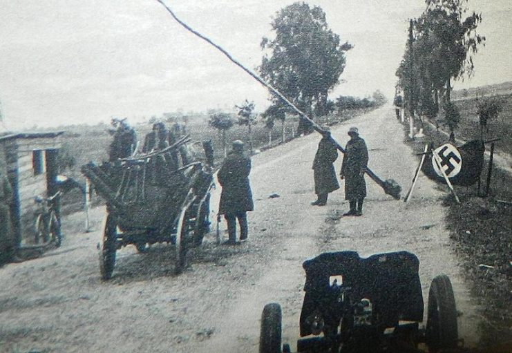 The new border between Nazi Germany and Soviet Russia from September 1939 to June 1941, somewhere in the occupied territory of Poland