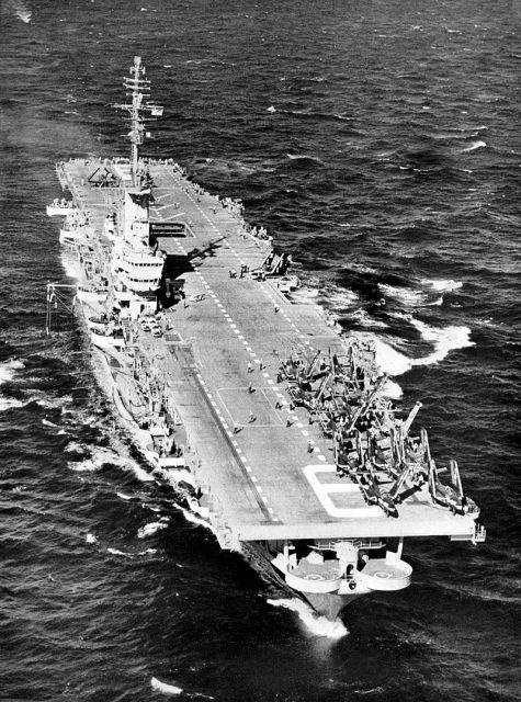 The U.S. Navy aircraft carrier USS Essex (CVA-9) underway.