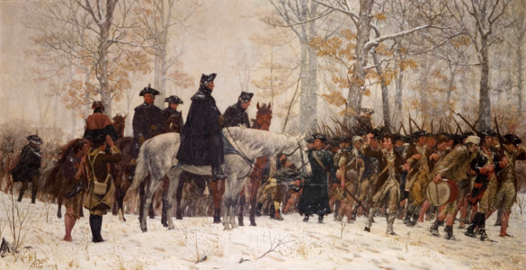 General Washington leading the Continental Army to Valley Forge in 1777.
