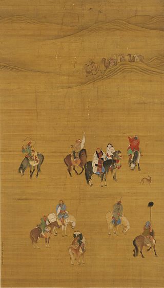 This c. 1280 painting depicts an archer shooting a traditional Mongol bow from horseback in the upper left corner