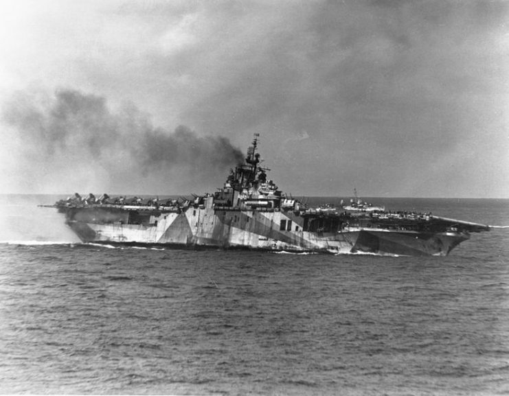 Ticonderoga listing after kamikaze attacks, 21 January 1945.