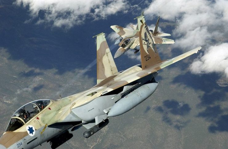 Two Israeli Air Force F-15 Ra’ams practicing air defense maneuvers at Red Flag 2004