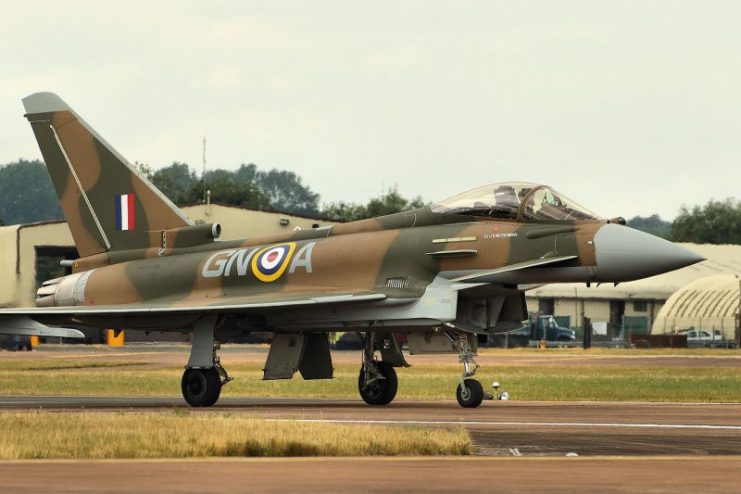Typhoon – RIAT 2015. ZK349 is repainted in World War Two colours, and shows James Brindley Nicolson, VC’s squadron number, GN-A of No. 249 Squadron RAF, to commemorate the 75th anniversary of the Battle of Britain. Photo by Airwolfhound CC BY-SA 2.0