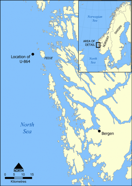 This map shows the location of the World War 2 German submarine U-864. It was sunk here by the British submarine HMS Venturer in February 1945. Photo: NormanEinstein CC BY SA 3.0