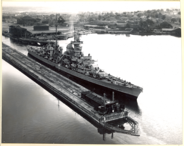 USS Prinz Eugen passing through the Panama Canal in 1946. Note the missing guns on her A turret.