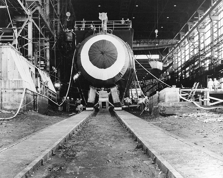USS Thresher (SSN-593)- Bow view of the submarine on the greased building ways, as workmen prepare for her launching at the Portsmouth Naval Shipyard, Kittery, Maine, 9 July 1960.