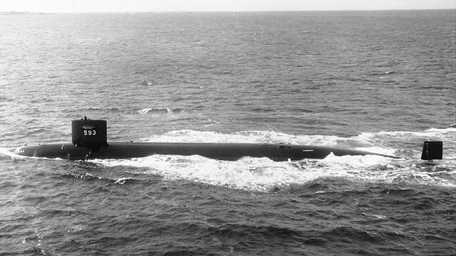 USS Thresher (SSN-593). Port broadside view, taken while the submarine was underway.