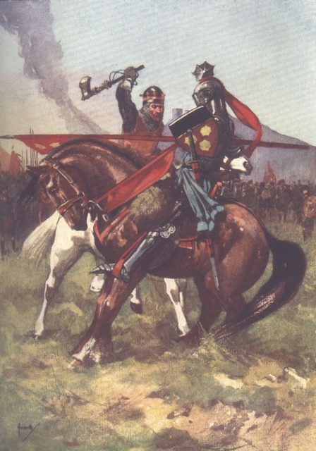 The Bruce killing de Bohun at the Battle of Bannockburn.