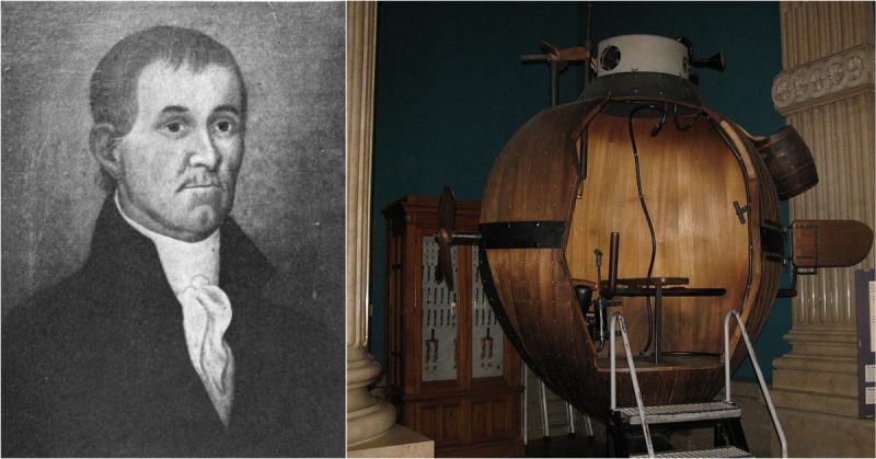 L:Portrait of Ezra Lee, Turtle's operator R: Cutaway replica at the Oceanographic Museum, Monaco.Photo Zenit CC BY-SA 3.0