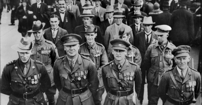 VC winners and recipients of other high awards for bravery line up on parade near the Exhibition Building at the Anzac day march.1927