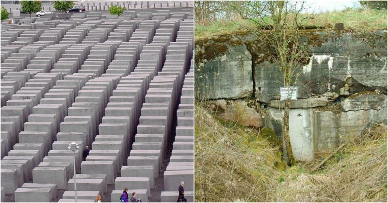 L:Holocaust Memorial Berlin.Photo: Ralf Schulze CC BY 2.0; R: Bunker on the Siegfried line.Photo: Saperaud CC BY-SA 3.0 