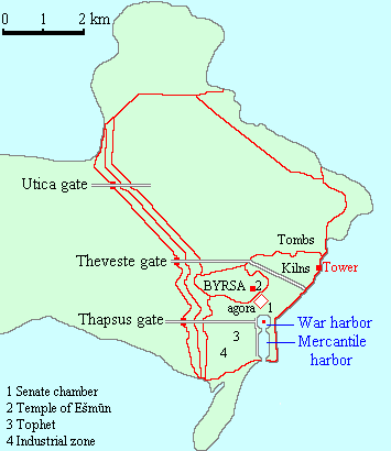 The walled city-state of Carthage prior to its fiery fall in 146 B.C.