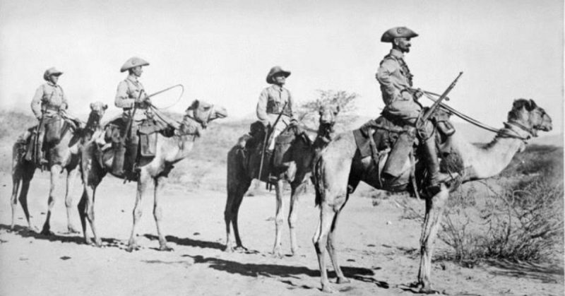 Four German soldiers in a Camel-Schutztruppe patrol, German South West Africa, 1906.
