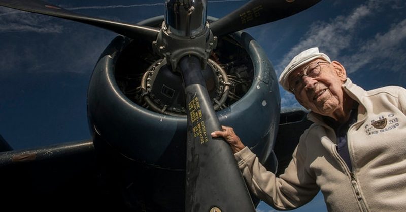 Retired Air Force Lt. Col. Richard E. Cole, the last surviving Doolittle Raider, tours a U.S. Navy B-25 Mitchell similar to the aircraft he co-piloted. Cole has died at age 103. Photo: Staff Sgt. Vernon Young Jr./Air Force.
