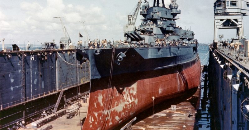 The U.S. Navy battleship USS Pennsylvania (BB-38) drydocked in an Advanced Base Sectional Dock (ABSD) at the Pacific, circa 1944. 