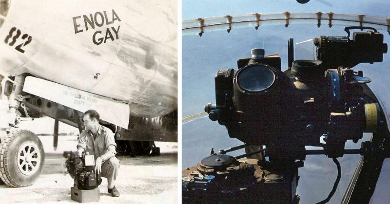 Left: Enola Gay bombardier Thomas Ferebee with the Norden Bombsight on Tinian after the dropping of Little Boy. Photo: Ted H. Lambert. Right: A Norden bombsight in the nose of a U.S. Air Force Douglas B-26C Invader during the Korean War.
