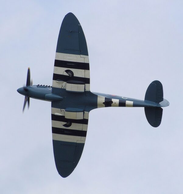 A Spitfire PR.Mk.XIX displayed at an air show in 2008 with the black and white invasion stripes. Photo credit: Wikimedia Commons / Public Domain.