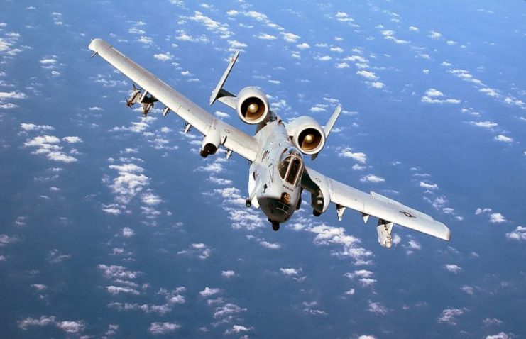 An A-10 Thunderbolt II from the 104th Fighter Wing while flying across the Mediterranean Sea en-route to a forward operating base.