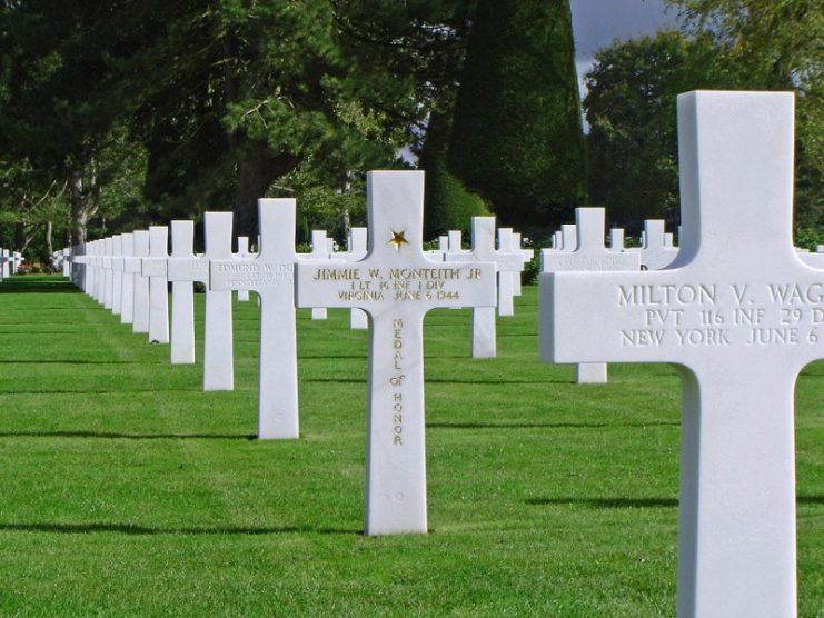 Grave marker of Medal of Honor recipient Jimmie W. Monteith Jr. at the World War II Normandy American Cemetery and Memorial.