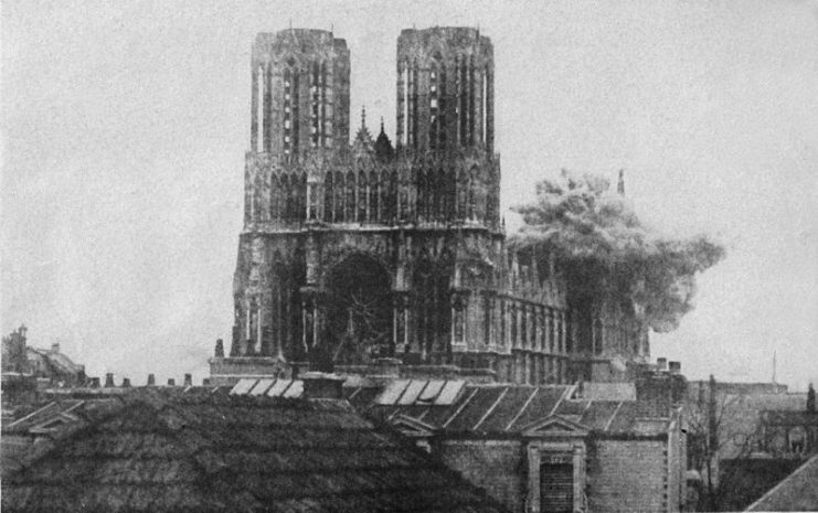 The Cathedral of Notre Dame at Rheims was one of the most beautiful buildings in the world. The framework was still standing when the Germans began their drive in 1918.